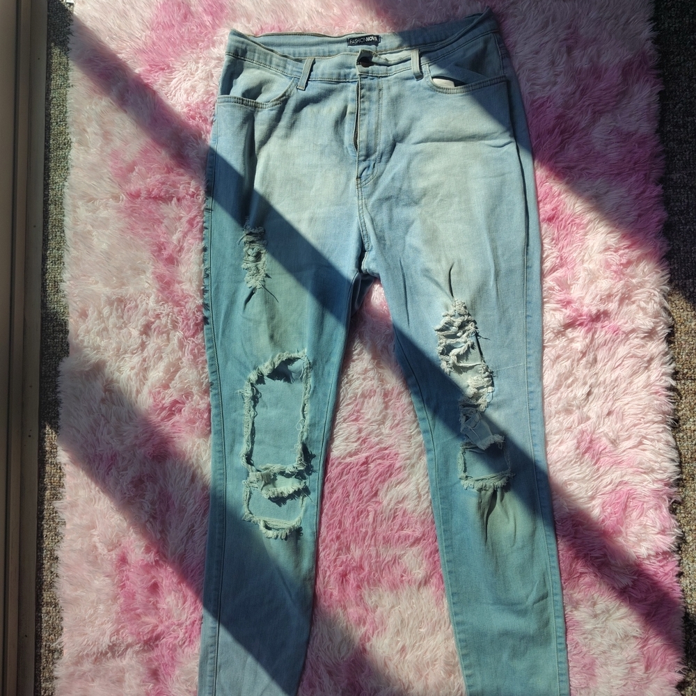 Fashion Nova Light Blue Distressed Skinny Jeans